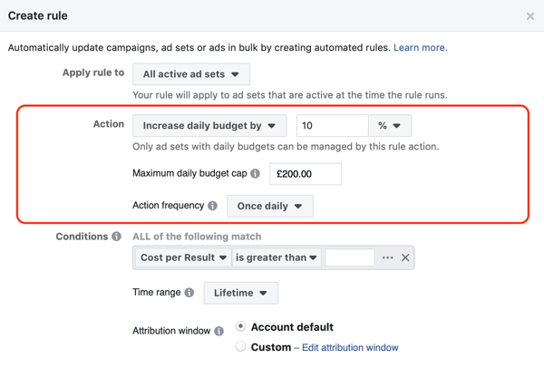 Používajte automatické pravidlá Facebooku, zvyšujte rozpočet, keď je ROAS väčší ako 2, krok 2, nastavenie akcií
