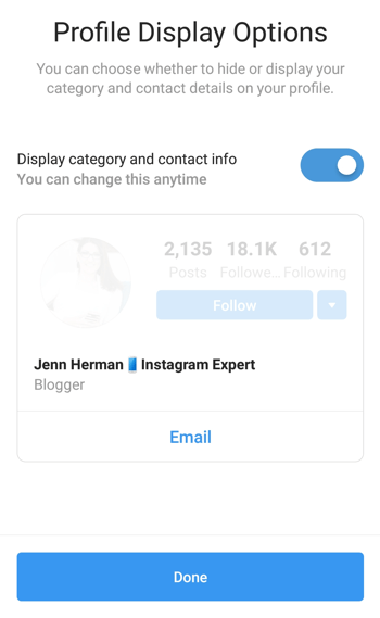 Výber a zobrazenie kategórie profilu tvorcu Instagram.