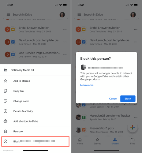 Blokovať používateľa na Disku Google v mobile
