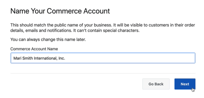možnosť dialógového okna na pomenovanie vášho účtu Facebook commerce