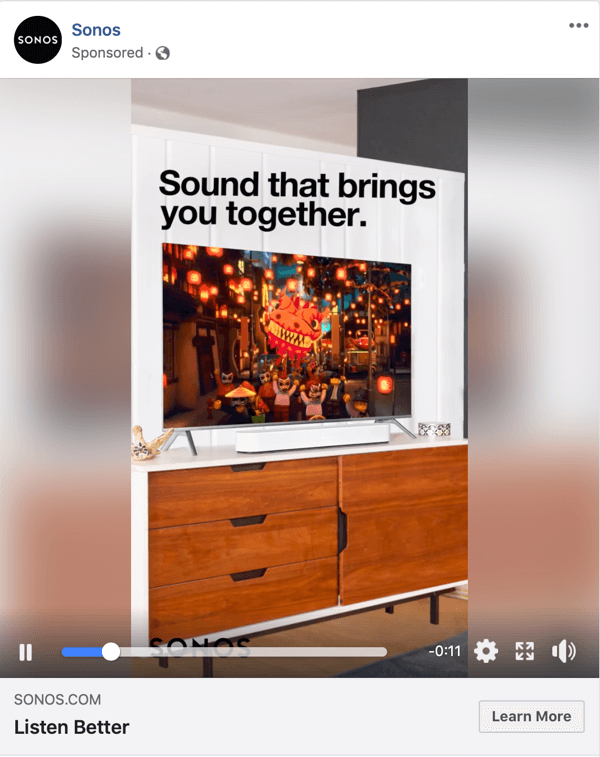 Príklad videoreklamy na Facebooku od spoločnosti Sonos.