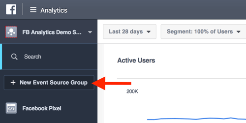 Vytvorte skupiny zdrojov udalostí zo svojho hlavného panela Facebook Analytics.