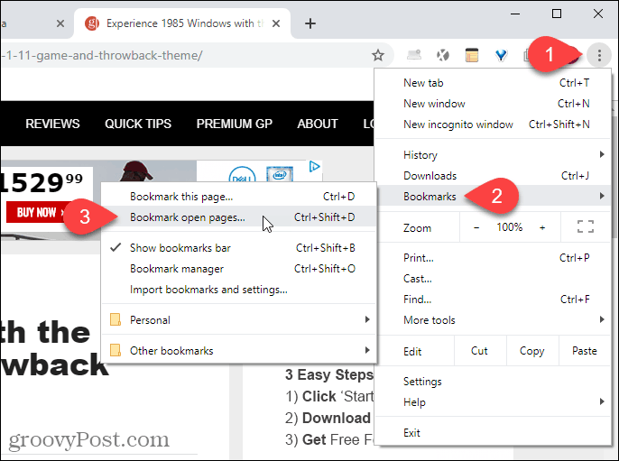 V ponuke Chrome vyberte možnosť Pridať otvorené stránky