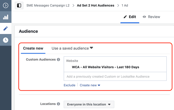 Ako prevádzať návštevníkov webových stránok pomocou reklám na Facebook Messenger, krok 2, vytvoriť vlastné publikum na webe
