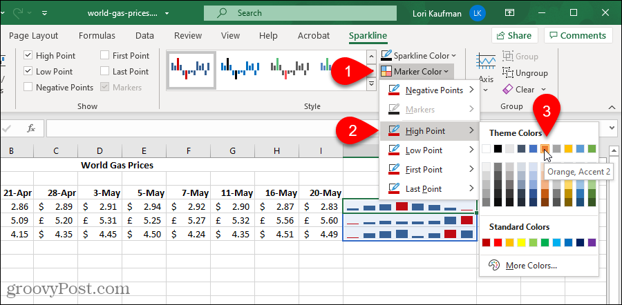 Zmeňte farbu značky v grafe Excel Sparklines