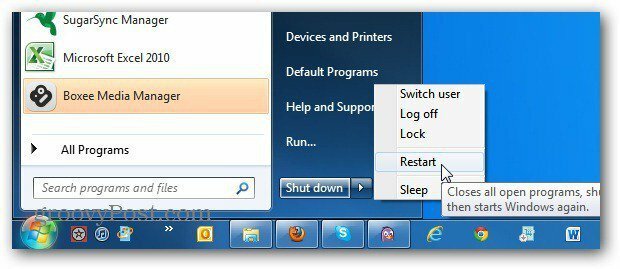 Zmeňte tlačidlo napájania ponuky Štart systému Windows 7 na možnosť Vždy reštartovať