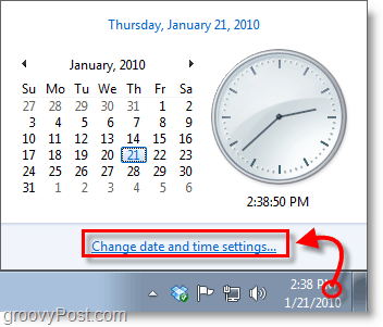 Snímka obrazovky systému Windows 7 - kliknite na hodiny a zmeňte nastavenia
