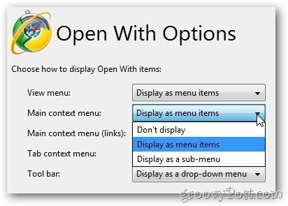Otvorte s možnosťami - hlavné kontextové menu