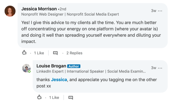 príklad odpovede na komentár v príspevku LinkedIn