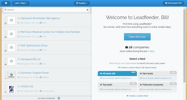 Leadfeeder ponúka bezplatnú skúšobnú verziu. Túto obrazovku uvidíte po registrácii.