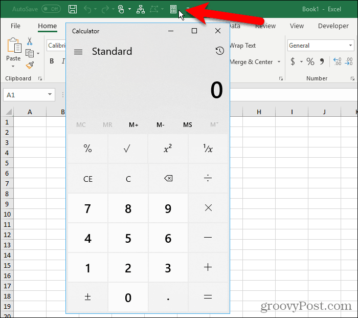 Kalkulačka systému Windows na paneli nástrojov Rýchly prístup v Exceli