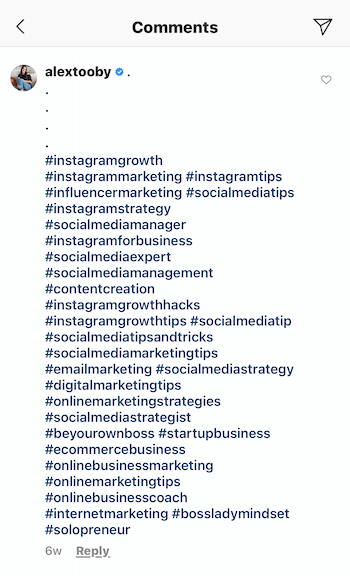príklad komentára na instagrame od používateľa @alextooby, ktorý obsahuje 30 relevantných hashtagov