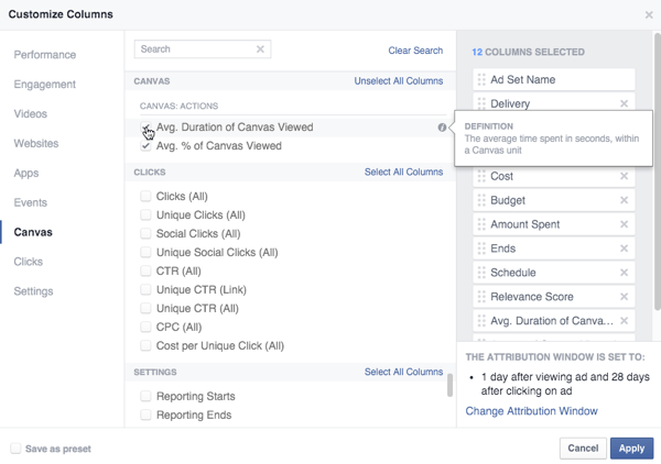 metrické možnosti facebook canvas