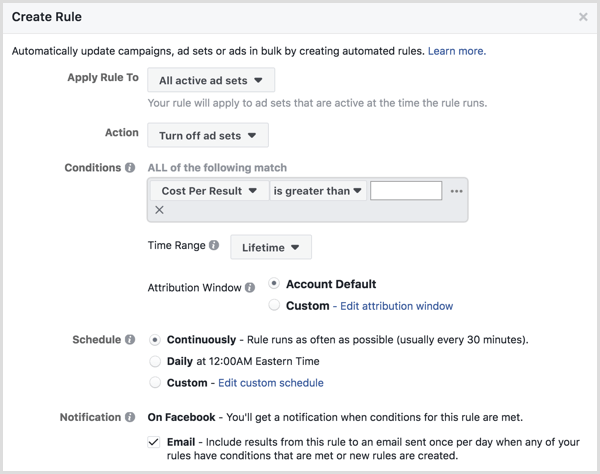 Okno nastavenia automatických pravidiel Facebooku