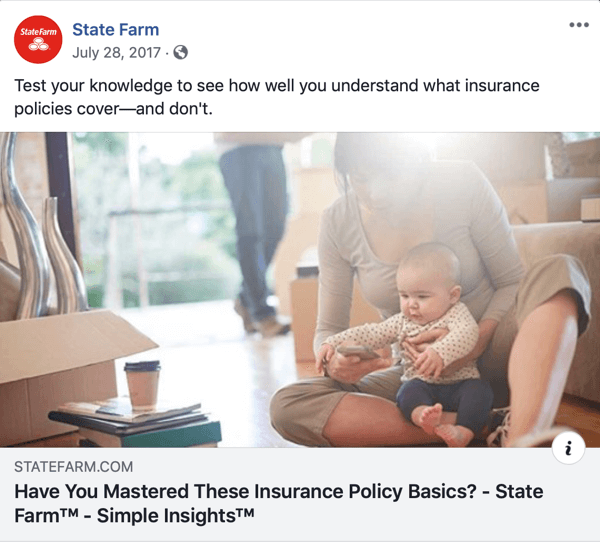 Príklad kvízu zdieľaného na sociálnych sieťach spoločnosťou State Farm.