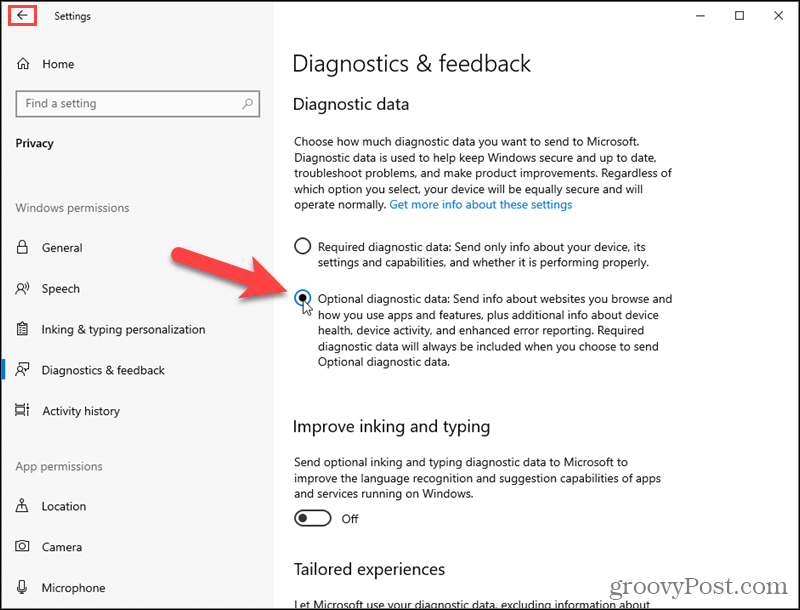 Zapnite voliteľné diagnostické údaje systému Windows 10
