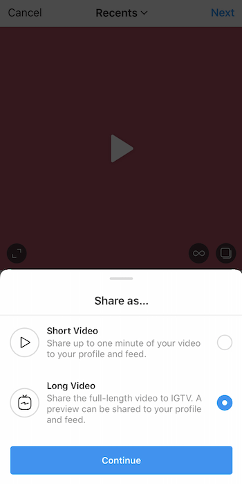 nahrávanie videa z instagramu s vytiahnutou ponukou zdieľania ako a vybranou možnosťou dlhého videa