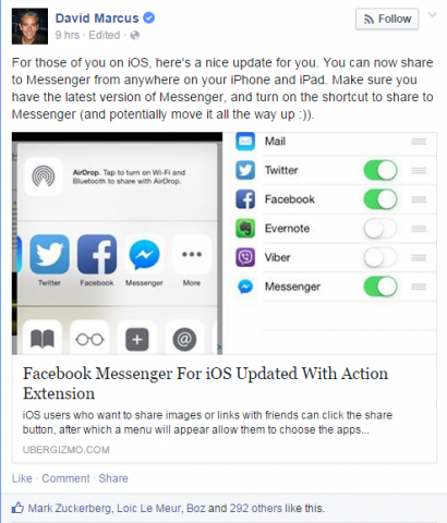 „Používatelia služby Facebook Messenger s telefónom iPhone alebo iPad môžu teraz po aktualizácii aplikácie pre iOS zdieľať fotografie alebo odkazy priamo na aplikáciu.“