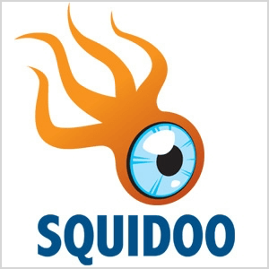 Táto snímka obrazovky s logom Squidoo, čo je oranžové stvorenie so štyrmi chápadlami a veľkým modrým okom.
