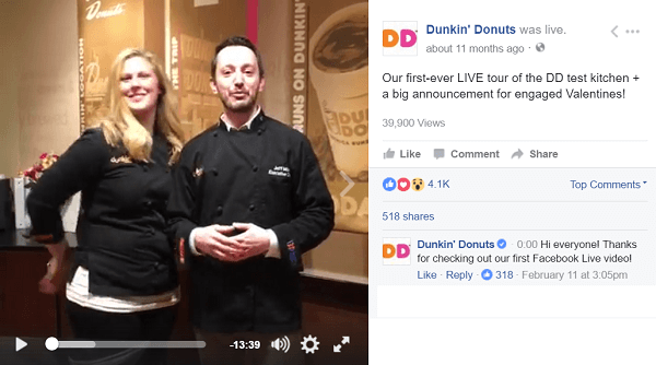 Spoločnosť Dunkin Donuts používa na sledovanie fanúšikov v zákulisí video z Facebooku naživo.