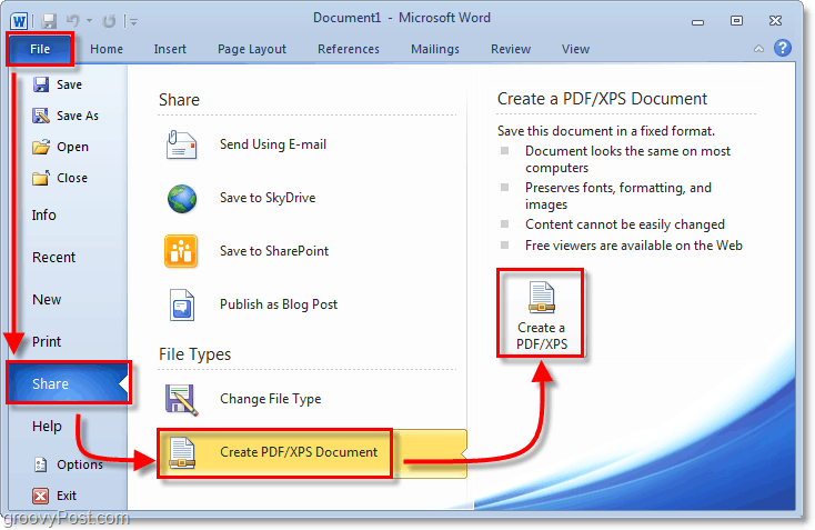 uložte dokument pomocou možnosti zdieľania súborov PDF v kancelárii 2010