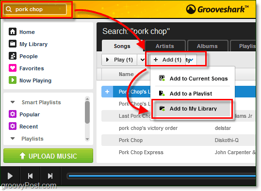 pridajte hľadané skladby do svojej hudobnej knižnice v Grooveshark