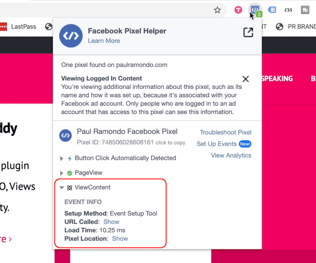 Facebook Pixel Helper zobrazujúci udalosti Zobrazenie stránky a Prezeranie obsahu