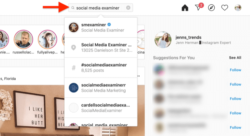 screenshot obrazovky s hľadaním účtu instagram pomocou hľadaných výrazov examinátora sociálnych médií