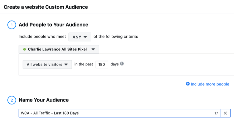 nastaviť vlastné publikum na webe Facebook všetkým návštevníkom webu za posledných 180 dní