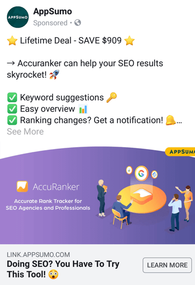 Techniky reklamy na Facebooku, ktoré prinášajú výsledky, napríklad AppSumo ponúkajúce dohodu