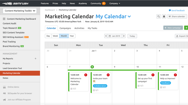 Príklad marketingového kalendára SEMrush.