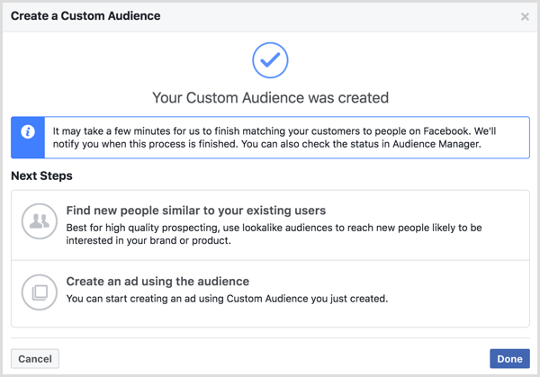 Správa Vaše vlastné publikum bolo vytvorené, ktorá sa zobrazí po vytvorení vlastného publika na Facebooku