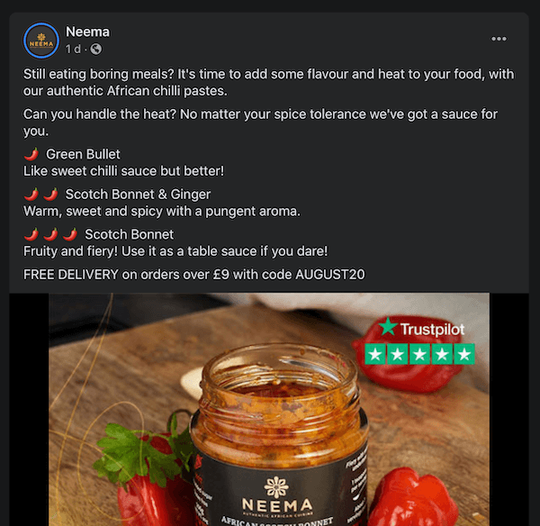 facebookový príspevok od neema, ktorý diskutuje o ich rôznych chilli pastách a ponúka zľavu
