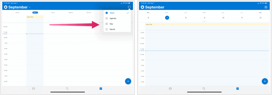 Microsoft Outlook na iPade, zobrazenie kalendára
