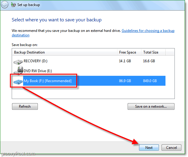 Windows 7 Backup - vyberte umiestnenie zálohy
