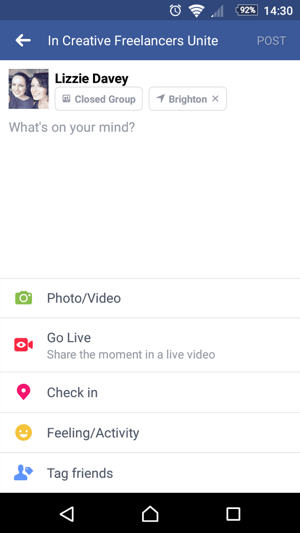 Ak chcete začať používať Facebook Live, klepnite pri vytváraní stavu na Go Live.