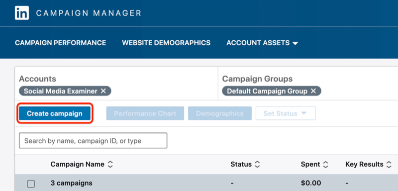 Tlačidlo Vytvoriť kampaň v aplikácii LinkedIn Campaign Manager