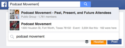 pohybová skupina podcastov pri vyhľadávaní na facebooku