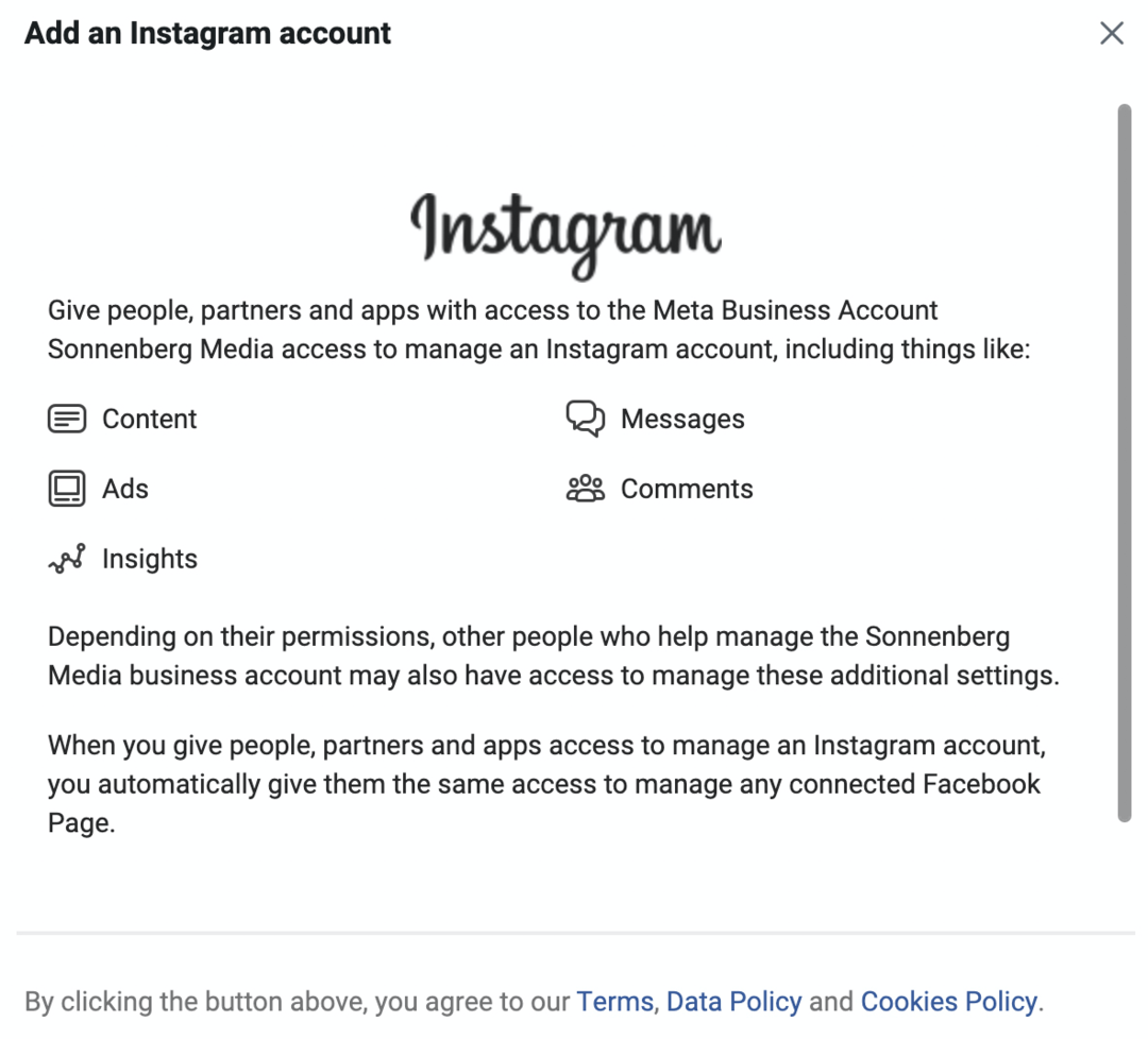 obrázok obrazovky Pridať účet Instagram v Meta Business Manager