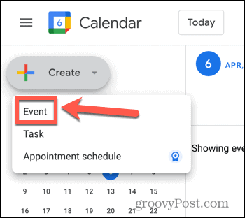 Snímka obrazovky s možnosťou vytvorenia udalosti v Kalendári Google