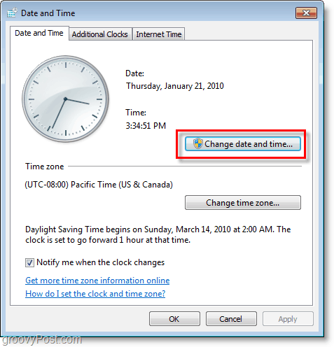 Snímka obrazovky systému Windows 7 - zmena dátumu a času