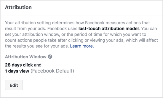 Predvolené nastavenia okna pripisovania na Facebooku zobrazujú akcie vykonané do 1 dňa od prezerania vašej reklamy a do 28 dní od kliknutia na vašu reklamu. 