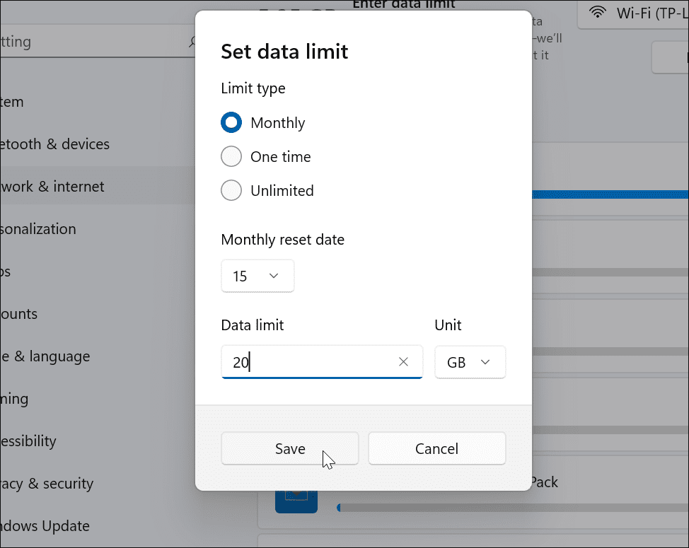 upraviť dátový limit Windows 11 Metered Connection