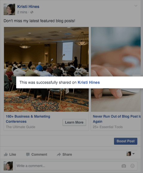 facebookový karuselový inzerát zdieľaný ako potvrdzujúca správa po zverejnení stránky
