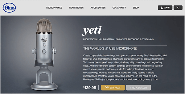 Dusty Porter odporúča upgrade na USB mikrofón, ako je Blue Yeti. Na modrej predajnej stránke pre mikrofón Yeti sa na tmavosivom pozadí zobrazuje obrázok chrómového mikrofónu na stojane. Cena je uvedená ako 129,00 dolárov.
