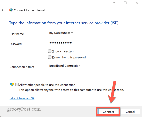windows connect pppoe