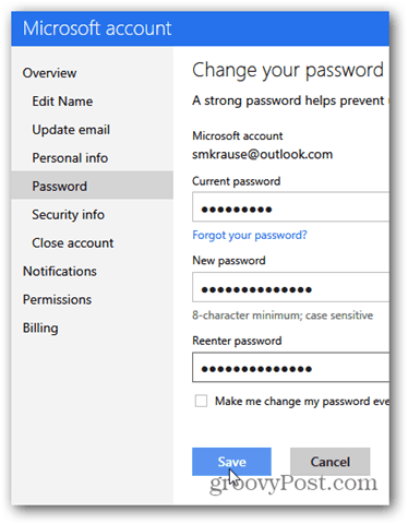 zmeniť heslo outlook.com - kliknite na zmeniť heslo