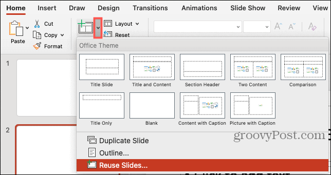 Nový snímok, opätovné použitie snímok v PowerPointe pre Mac