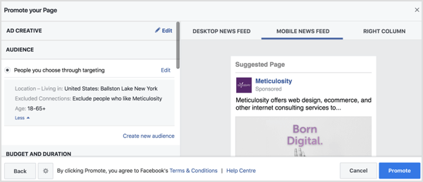Facebook automaticky vyplní nastavenia publika na základe vašej stránky s polohou. 