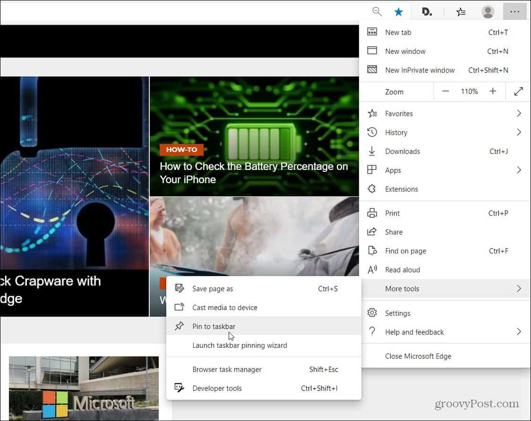 Pripnite webové stránky na panel úloh systému Windows od spoločnosti Microsoft Edge